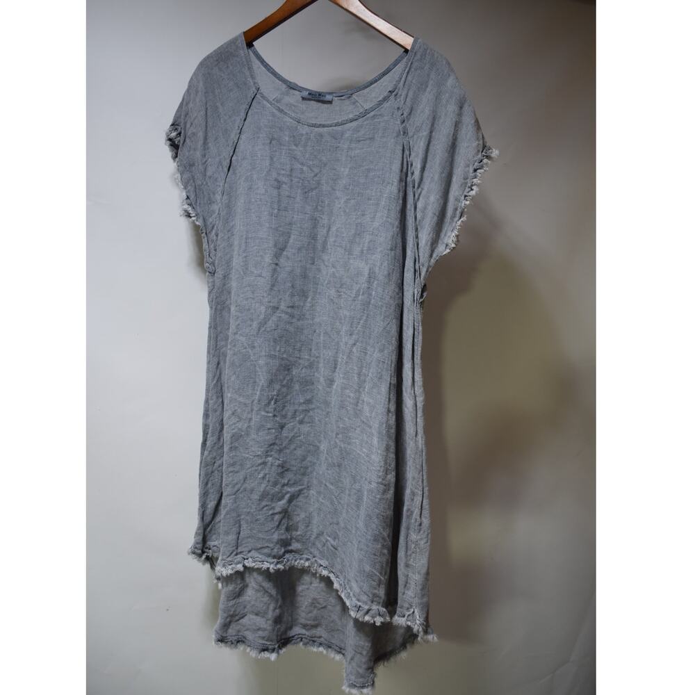 Meo Meli Made in Italy Gray 100% Linen Lagenlook Raw Edge High Low Dress OS